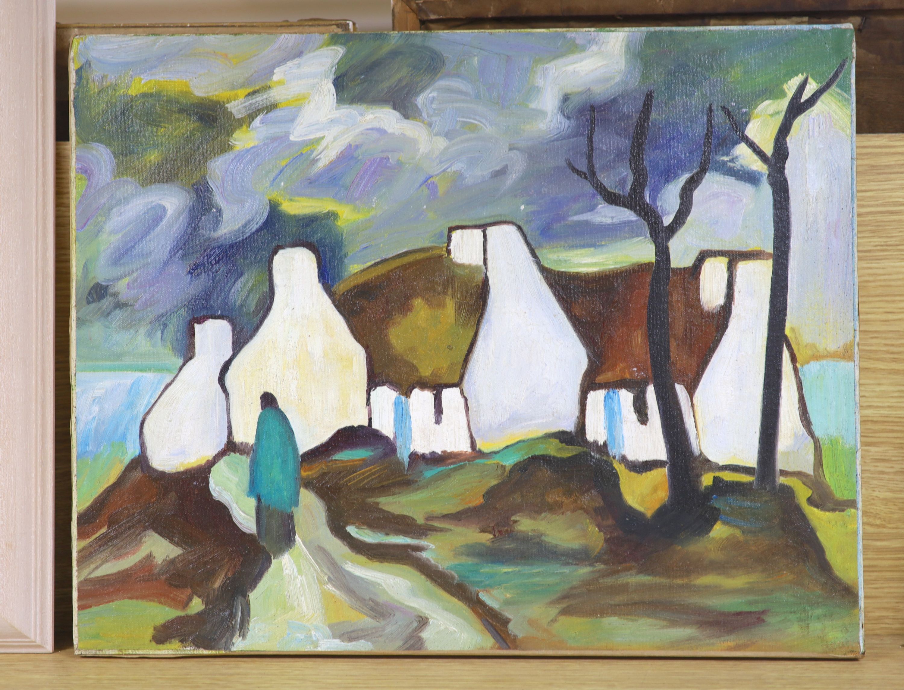 After Markey Robinson, oil on canvas, Figure and cottages in a landscape, 40 x 51cm, unframed